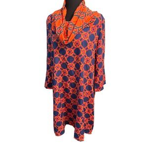Mud Pie Orange Blue Geometric Print Tunic Dress with Cowl Neck Size L NWOT